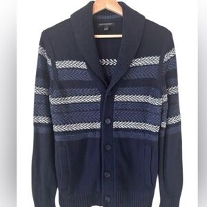Banana Republic Mens Navy Grey White Shawl Collar Fair Isle Cardigan Sweater M